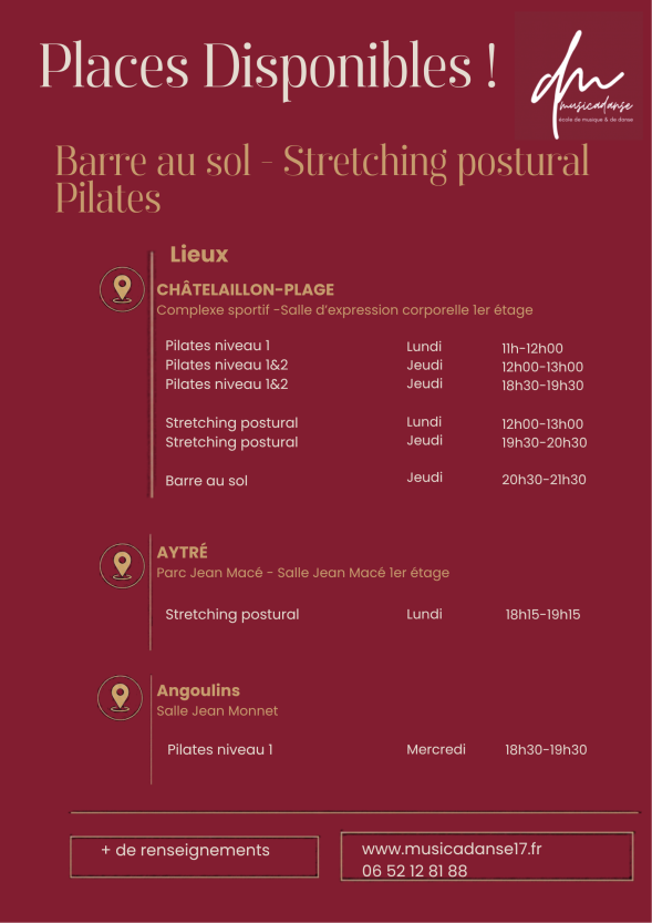 COURS DISPONIBLES 2026  BARRE AU SOL - PILATES - STRETCHING POSTURAL
